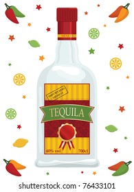 bottle of tequila isolated on white, with decorations