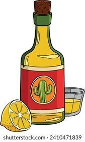 Bottle of Tequila and Lemon Cartoon Clipart