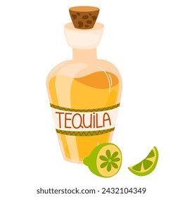 Bottle of tequila with lime. Alcoholic drink, party, holiday. Object for Cinco de Mayo parade, Mexican fiesta. Vector hand drawn illustration.