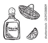 Bottle of tequila, a lime slice, and sombrero in black brush stroke texture isolated on white. Hand drawn vector sketch illustration in vintage charcoal ink. Mexican culture, alcoholic beverages, bar.