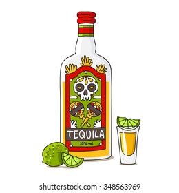 A bottle of tequila with lime. Vector illustration on a white background, painted by hand. Drunk image. Spain vodka. Alcohol print.