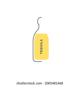 Bottle tequila in linear style on white background. Black thin outline in the form of a contour shadow and red fill. Modern flat style graphic design. Logo element illustration. Circuit drink symbol
