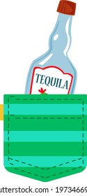 A bottle of tequila is peeking out of a green pocket. Mexican traditional alcohol. Vector illustration in cartoon children s style. Isolated funny clipart on a white background. Cute print