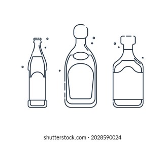 Bottle tequila and rum beer line art in flat style. Restaurant alcoholic illustration for celebration design. Design contour element. Beverage outline icon. Isolated on white backdrop in graphic style
