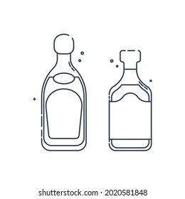 Flasche Tequila Rum Linie Kunst im flachen Stil. Restaurant alkoholische Illustration für Feierlichkeiten. Vectordesign-Kontur-Element. Kontursymbol für Getränke. Einzeln auf weißem Hintergrund im Grafikstil
