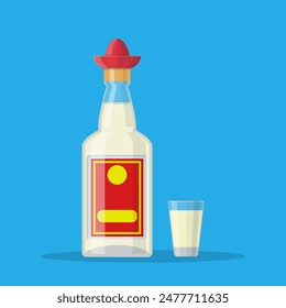 Bottle of tequila with shot glass. Tequila alcohol drink. Traditional Mexican drink. Vector illustration in flat style