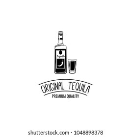 Bottle of tequila with shot glass icons. Alcohol menu design for bar, pub, restaurant. Vector illustration.