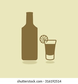 Bottle of tequila with shot glass and lemon slice. Isolated icons. Vector illustration. EPS 10