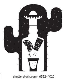 A bottle of tequila, a shot glass, salt, lemon, lime. The logo image is the correct alcohol. Print on t-shirt, poster, vector image created by hand. Spanish folk vodka.