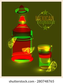 Bottle of tequila and shot with lime, abstract poster. Vector illustration