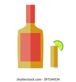 The bottle of tequila. A shot of tequila. A set of icons.