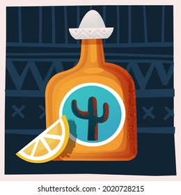 Bottle of tequila with a slice of lemon. Vector illustration