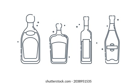 Bottle tequila vodka liquor martini line art in flat style. Restaurant alcoholic illustration for celebration design. Vector design contour element. Beverage outline icon. Isolated on white backdrop.
