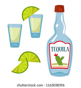 A bottle of tequilla . Lime and drinks. Mexican national alcohol. Vector on white background.