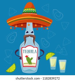 A bottle of tequilla in a sombrero and a mustache. On a blue background. Mexican national drink. Vector illustration.