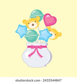 A bottle tied with a red ribbon containing red hearts, yellow bears, blue stars, and yellow ball-shaped lollipops.