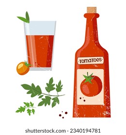 a bottle of tomato juice and a glass of tomato juice vector picture.