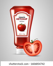 A bottle of tomato ketchup and half a tomato. Highly realistic illustration.
