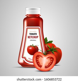 Una botella de tomate ketchup y algunos tomates. Una ilustración muy realista.