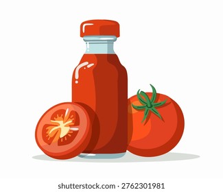 A bottle of tomato sauce sits next to two whole tomatoes on a plain white background. One tomato is cut in half, showing its juicy inside. The bottle has a red cap and is clear, allowing the tomato sauce inside to be seen. The whole tomatoes are fresh and have green stems. This setup highlights the ingredients commonly used in cooking and food preparation. The focus is on the simplicity of tomato-based products