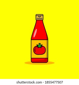 Bottle of tomato sauce vector illustration isolated on yellow background. Tomato sauce linear color style icon