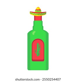 Bottle of traditional Mexican drink tequila with sombrero shaped stopper. Element of Hispanic holiday Cinco De Mayo. Mexican holiday icon. Simple cartoon vector element isolated on white background