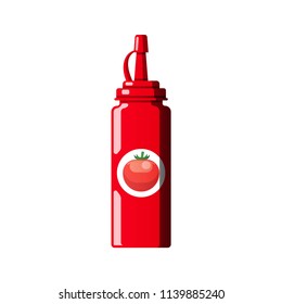 Bottle of traditional tomato ketchup with with tomato image. vector illustration in flat style