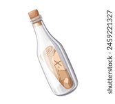 Bottle with treasure map inside, cartoon secret message of pirates. Old glass bottle with rolled parchment and cork, cartoon ancient letter for gold hunters on desert island vector illustration