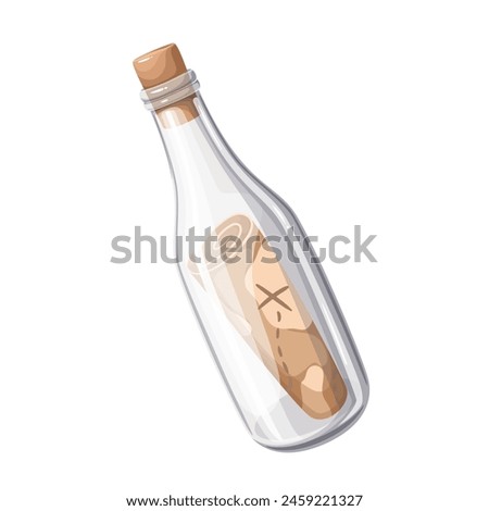 Bottle with treasure map inside, cartoon secret message of pirates. Old glass bottle with rolled parchment and cork, cartoon ancient letter for gold hunters on desert island vector illustration