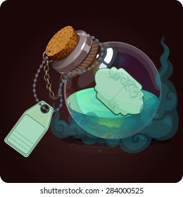 bottle with turquoise water icon game magic. Game icon of magic elixir. Vector design for app user interface