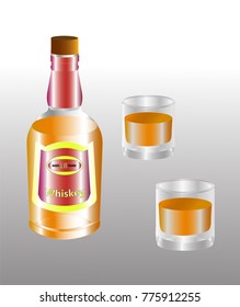 Bottle and two glasses of alcoholic whiskey drink. The shape of the bottle and glasses is made up. Vector illustration.