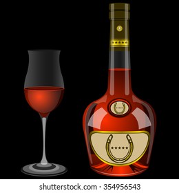 bottle and two glasses of brandy on a black background vector