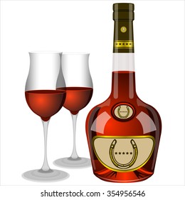 bottle and two glasses of brandy on a white background vector