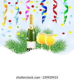 bottle and two glasses of champagne with the branches of fir-tree on to snow,  vector  illustration