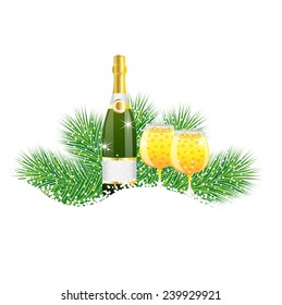 bottle and two glasses of champagne with the branches of fir-tree on to snow,  vector  illustration