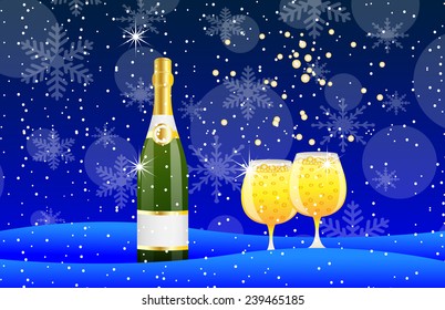 bottle and two glasses of champagne on to snow,vector illustration