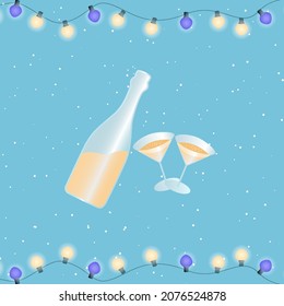 Bottle and two glasses of champagne.Garlands and lights.Celebration.Card.Vector illustration.