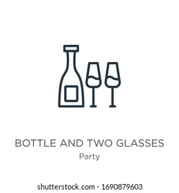 Bottle and two glasses icon. Thin linear bottle and two glasses outline icon isolated on white background from party collection. Line vector sign, symbol for web and mobile