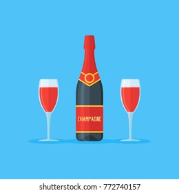 Bottle and two glasses of red champagne isolated on blue background. Flat style vector illustration.