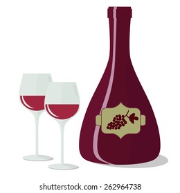 Bottle and two glasses of red sweet wine isolated on white. Vector illustration.
