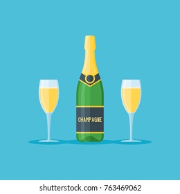 Bottle and two glasses of white champagne isolated on blue background. Flat style vector illustration.