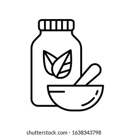 Bottle with two leaves and Pestle inside mortar. Linear herbal medicine icon. Black simple illustration. Contour isolated vector image on white background. Homeopathy logo