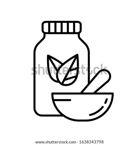 Bottle with two leaves and Pestle inside mortar. Linear herbal medicine icon. Black simple illustration. Contour isolated vector image on white background. Homeopathy logo