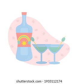 bottle and two Martinis in glasses with olives. Party, pub, restaurant or club elements. alcohol cocktail with vermouth. Vector flat illustration, isolated on a white background.