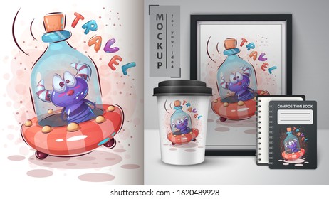 Bottle ufo poster and merchandising. Vector eps 10