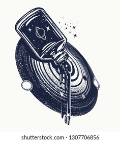 Bottle in universe. Tattoo and t-shirt design.  Surreal art. Concept of dreams, imagination, future 