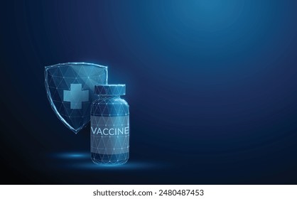 Bottle with vaccine in front of blue futuristic guard shield with cross symbol. Medical vaccination concept. Vaccine against coronavirus Low poly style Geometric background Wireframe structure Vector 