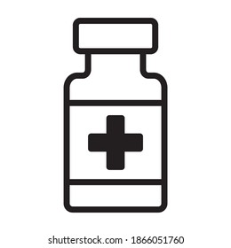 Bottle of vaccine or prescription drug medication line art vector icon for medical apps and websites