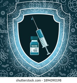 A bottle with a vaccine and a syringe on a shield on a dark background with various bacteria and viruses. Concept of protection against infection and spread of the disease pandemic.