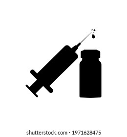 Bottle of vaccine and syringe in solid black icon. Concept of vaccines for the prevention COVID-19 coronavirus. Isolated symbol for: illustration, logo, app, design, web, dev, ui, ux. Vector EPS 10